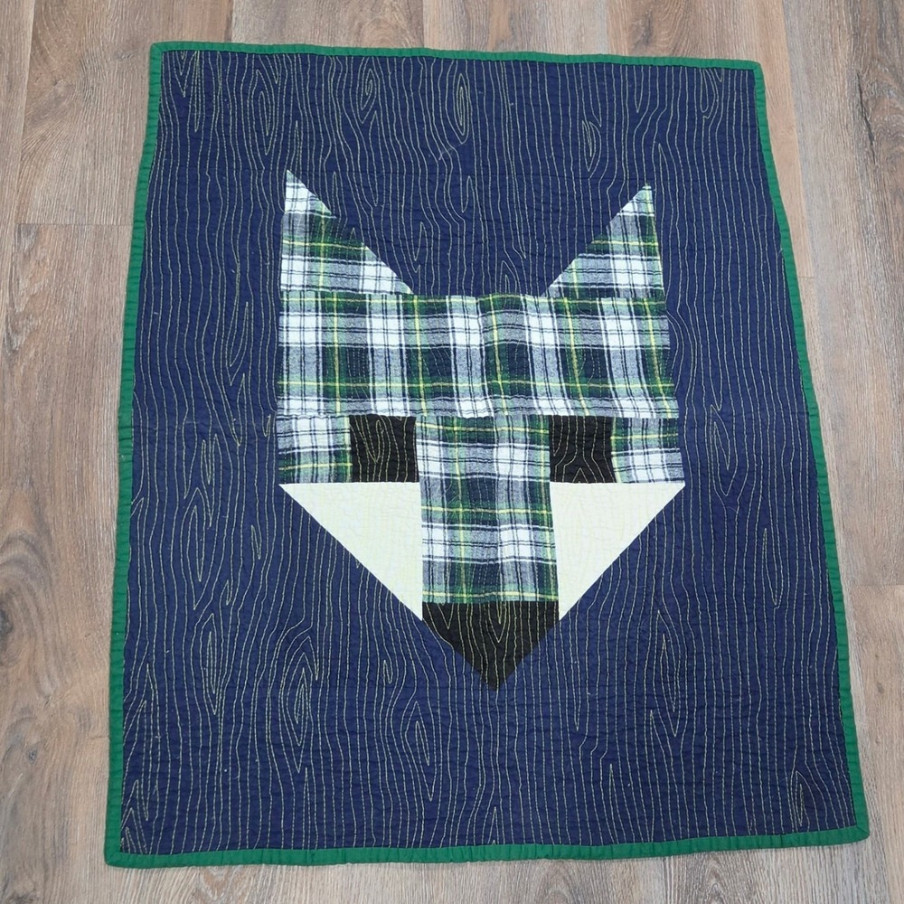 Handmade Fox Head Patchwork Quilt Navy Green Plaid Flannel Woodland Nursery Art